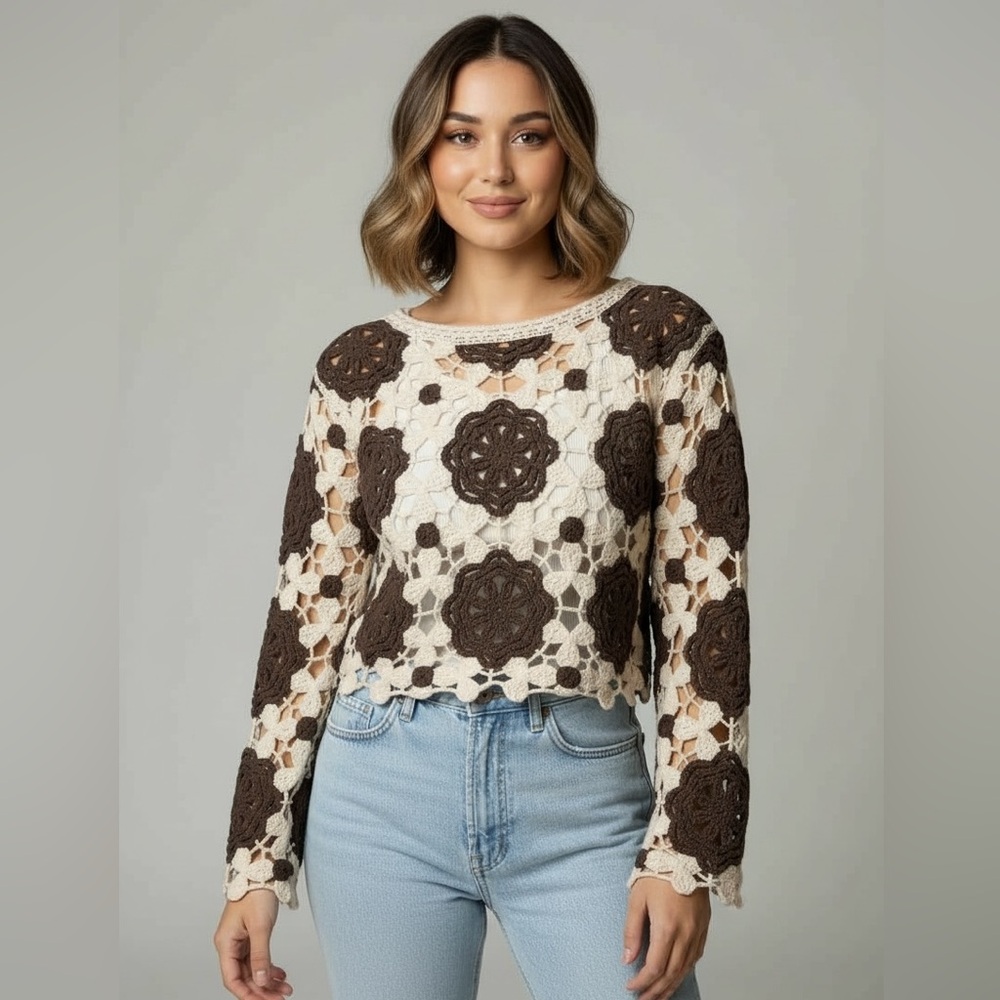 NWT Crochet Top - Floral Pattern Cream and Brown- Size Medium